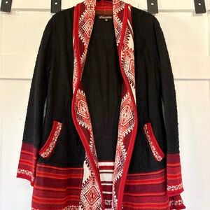 Caamano Trujillo 100% Alpaca Black and Red Patterned Cardigan